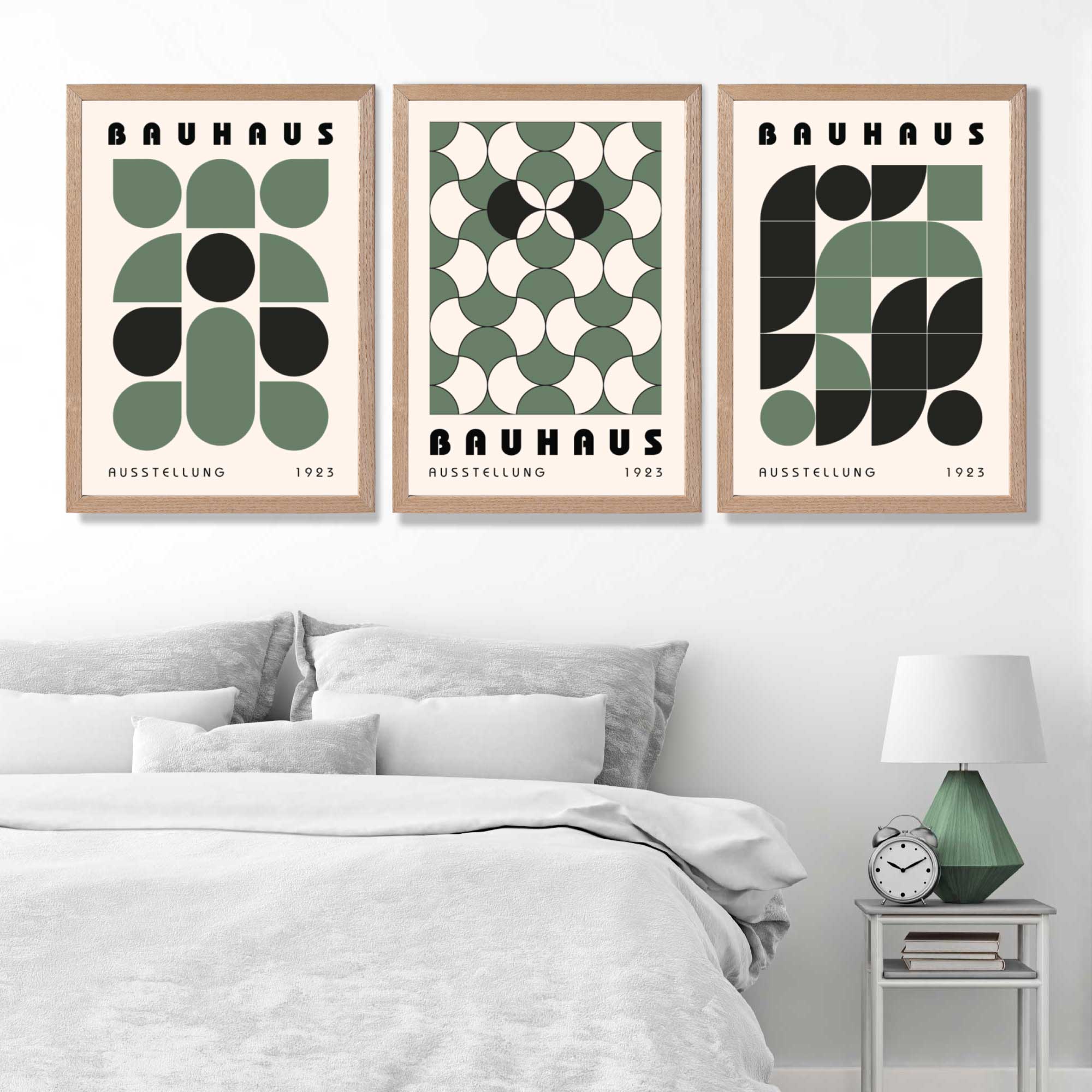 Set of 3 Bauhaus Geometric Shapes in Green Art Prints in Oak Frames | Artze UK