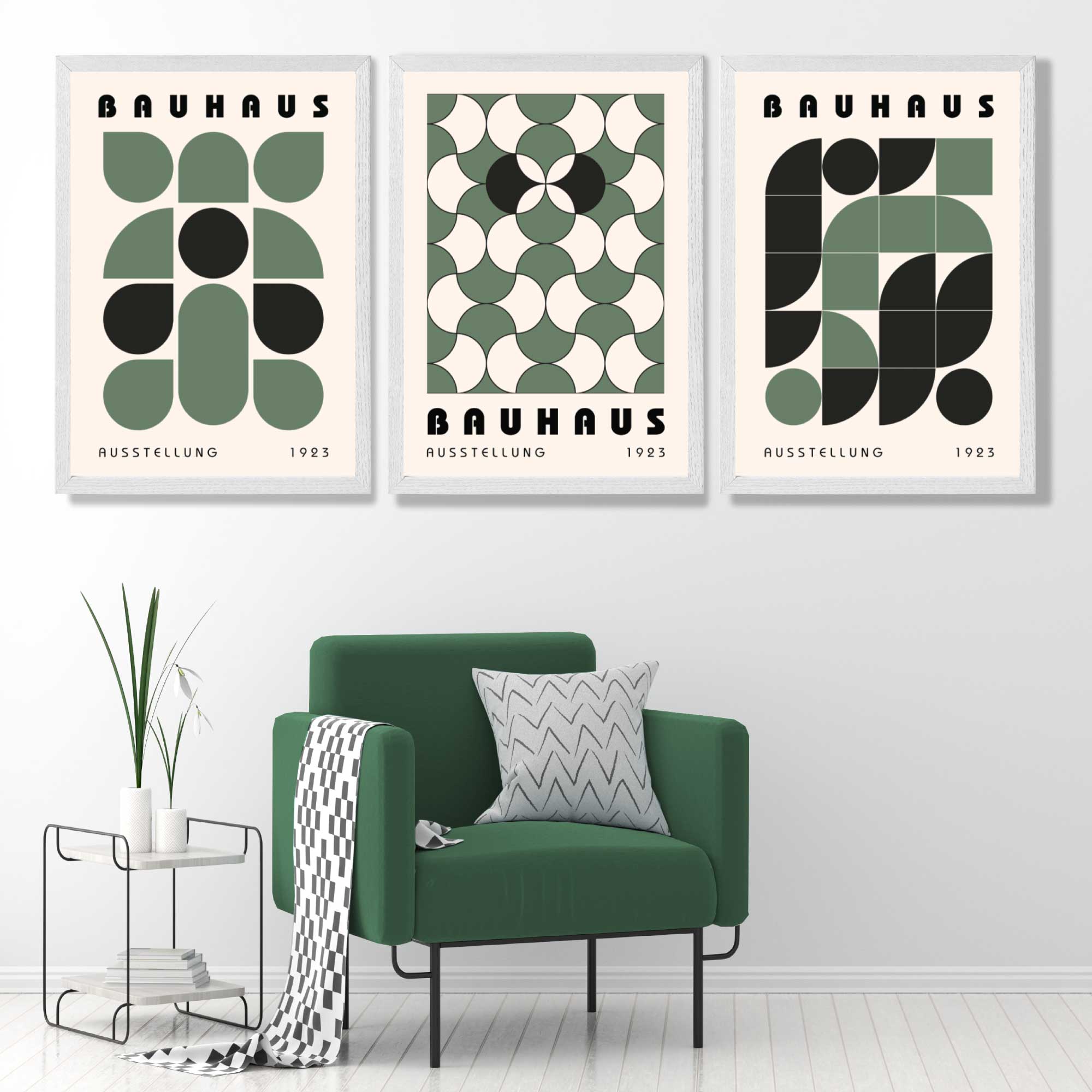 Set of 3 Bauhaus Geometric Shapes in Green Art Prints in White Frames | Artze UK