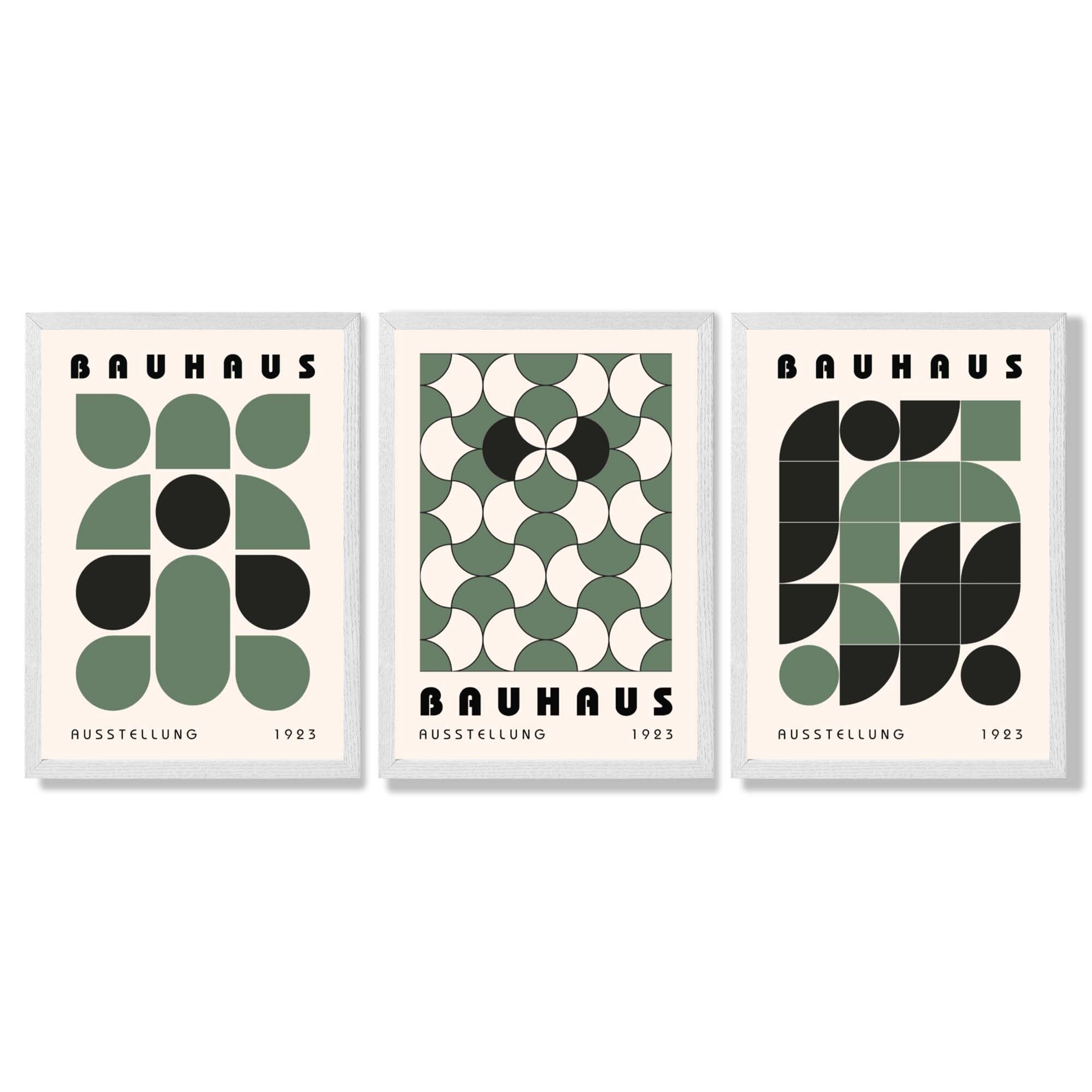 Set of 3 Bauhaus Geometric Shapes in Green Framed Art Prints with White Wooden Frames
