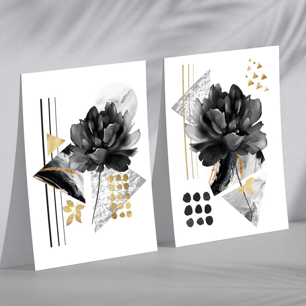 Contemporary Flowers in Black and Gold Set of 2 Art Prints