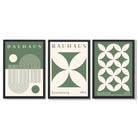 Bauhaus Green Modern Leaves Set of 3 Framed Art Prints with Black Wooden Frames