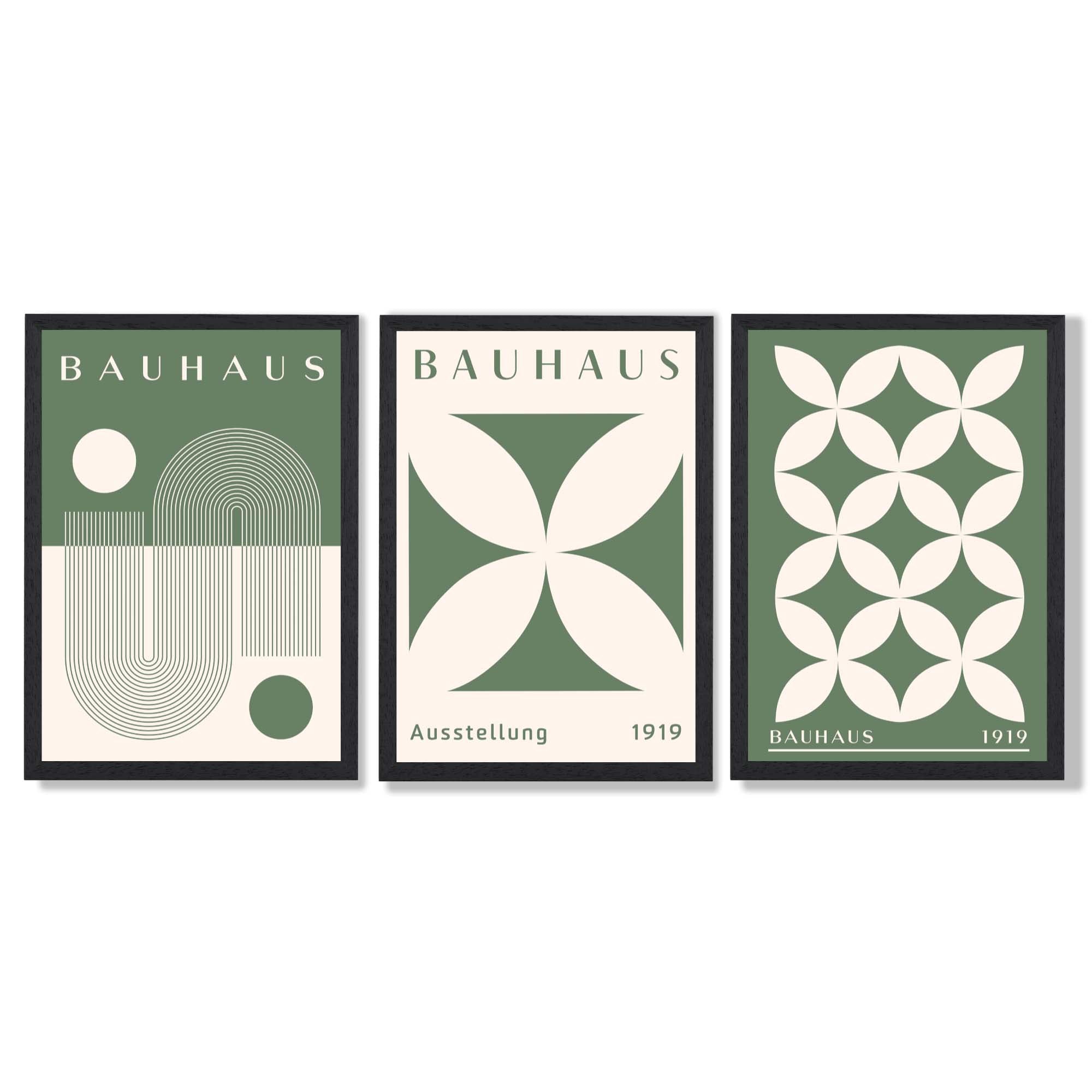 Bauhaus Green Modern Leaves Set of 3 Framed Art Prints with Black Wooden Frames