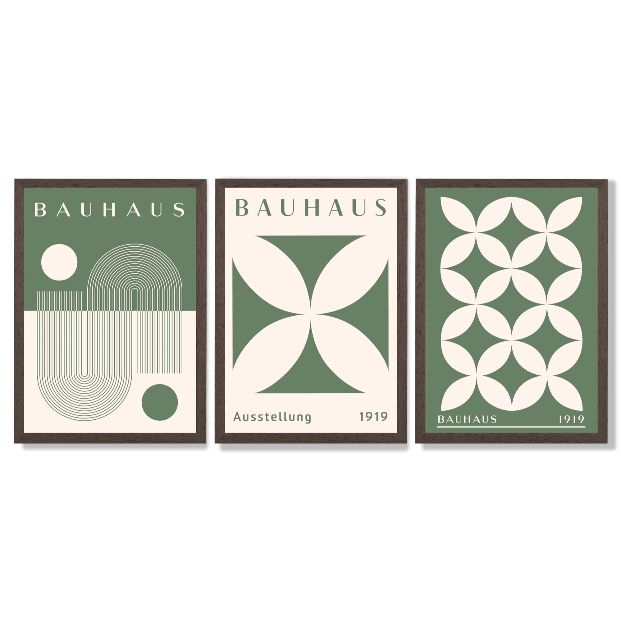 Bauhaus Green Modern Leaves Set of 3 Framed Art Prints with Dark Wood Frames