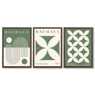 Bauhaus Green Modern Leaves Set of 3 Framed Art Prints with Dark Wood Frames