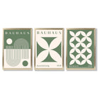 Bauhaus Green Modern Leaves Set of 3 Framed Art Prints with Gold Wood Frames