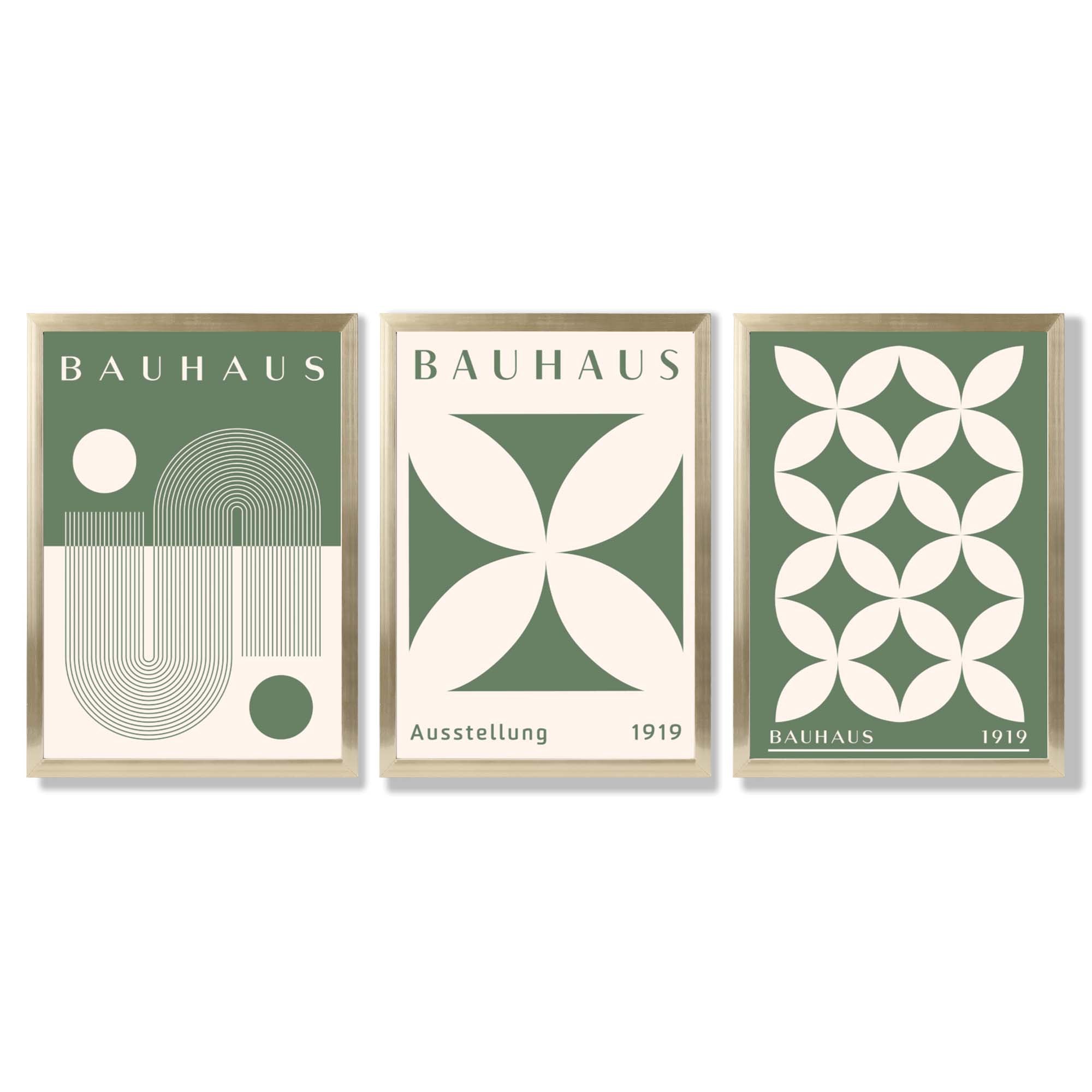 Bauhaus Green Modern Leaves Set of 3 Framed Art Prints with Gold Wood Frames