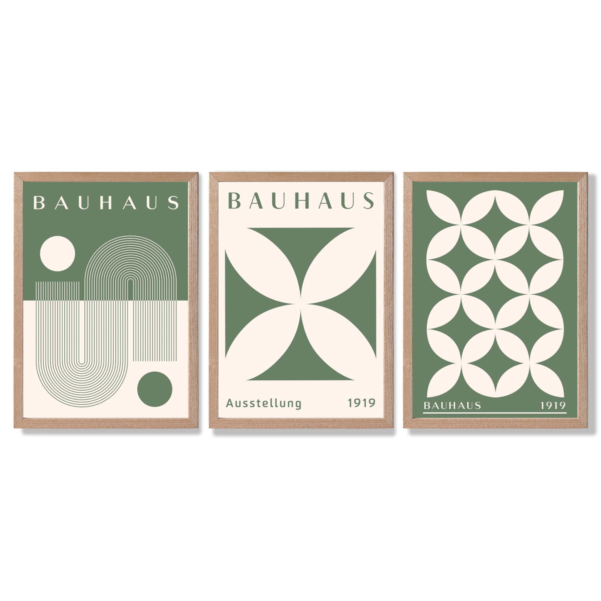 Bauhaus Green Modern Leaves Set of 3 Framed Art Prints with Light Oak Frames