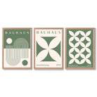 Bauhaus Green Modern Leaves Set of 3 Framed Art Prints with Light Oak Frames