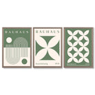 Bauhaus Green Modern Leaves Set of 3 Framed Art Prints with Light Walnut Frames