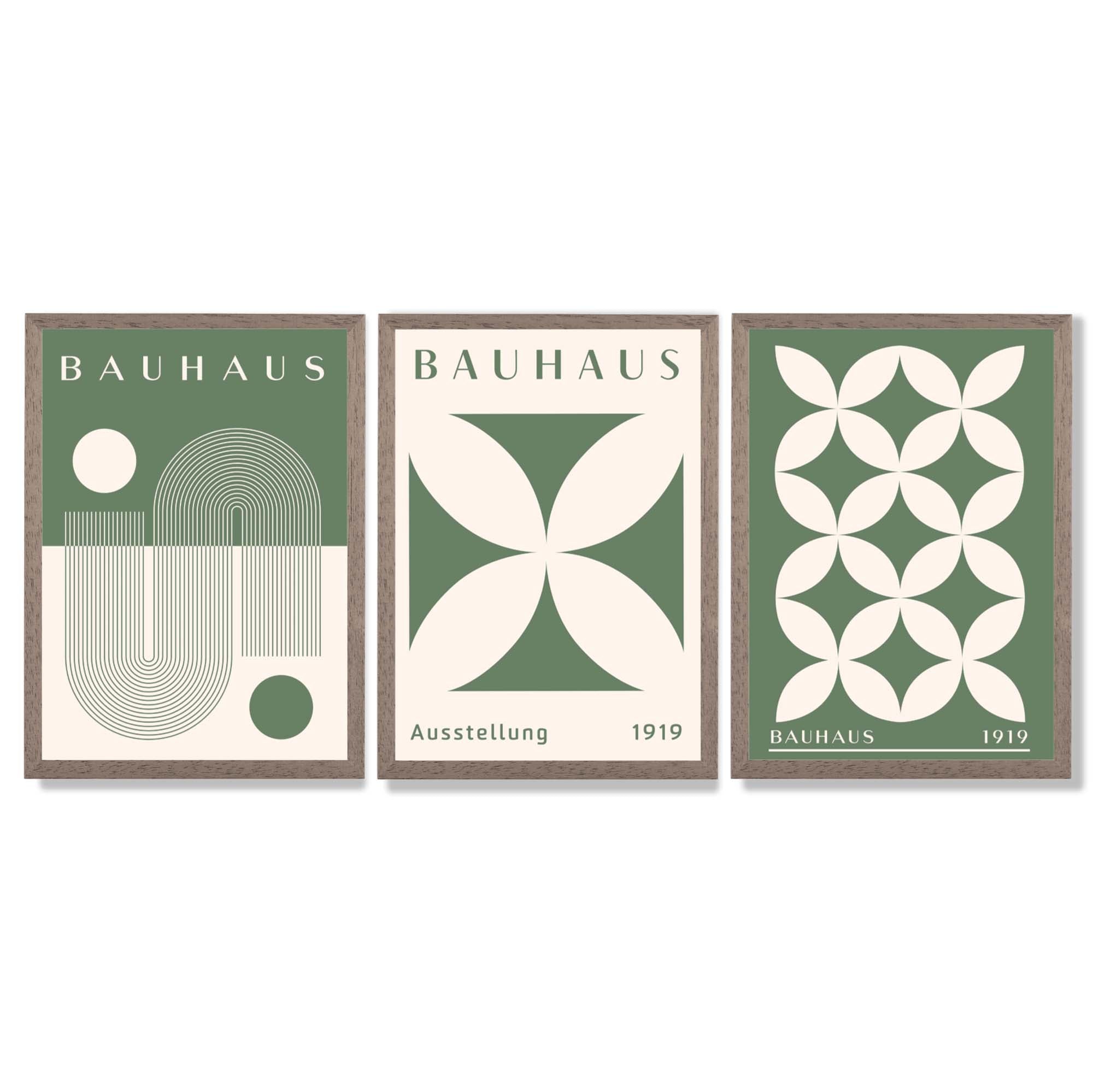 Bauhaus Green Modern Leaves Set of 3 Framed Art Prints with Light Walnut Frames