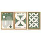 Bauhaus Green Modern Leaves Set of 3 Framed Art Prints with Oak Wooden Frames