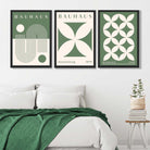 Bauhaus Green Modern Leaves Set of 3 Art Prints in Black Frames | Artze UK