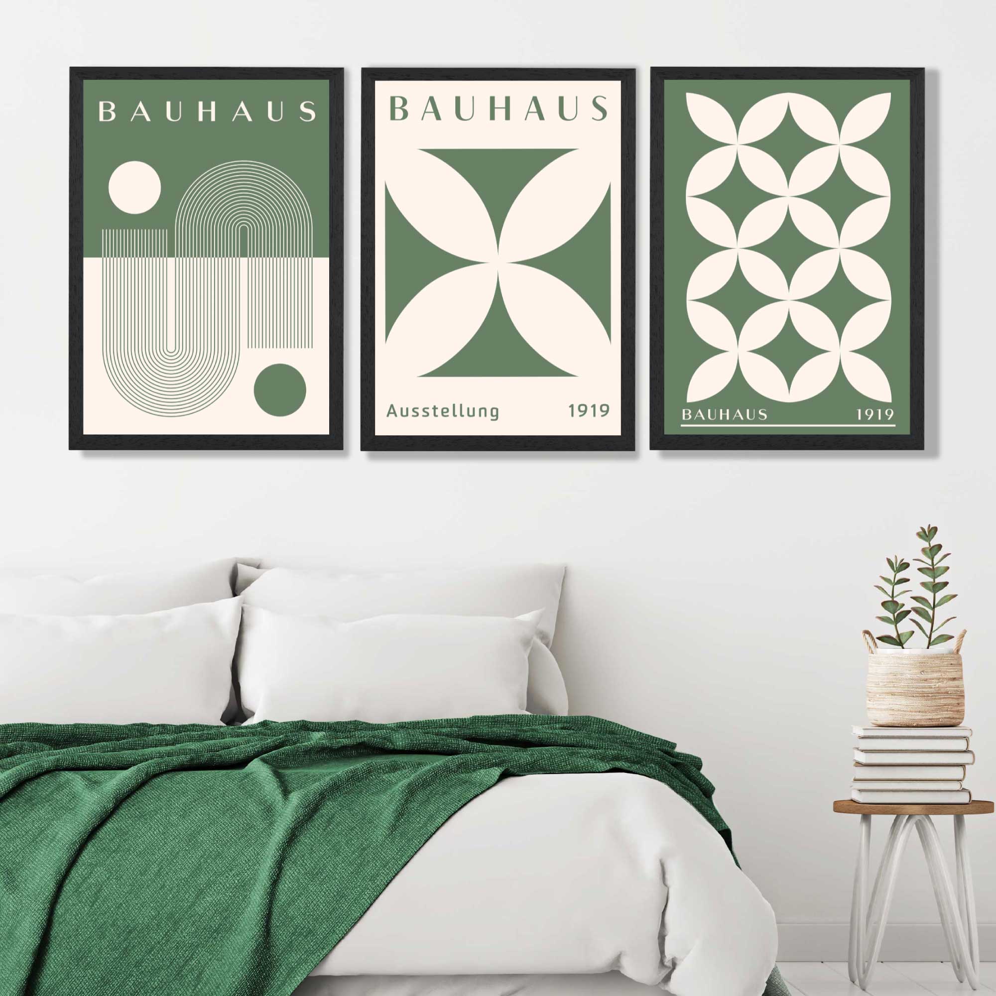 Bauhaus Green Modern Leaves Set of 3 Framed Art Prints in Luxury Frames | Artze UK