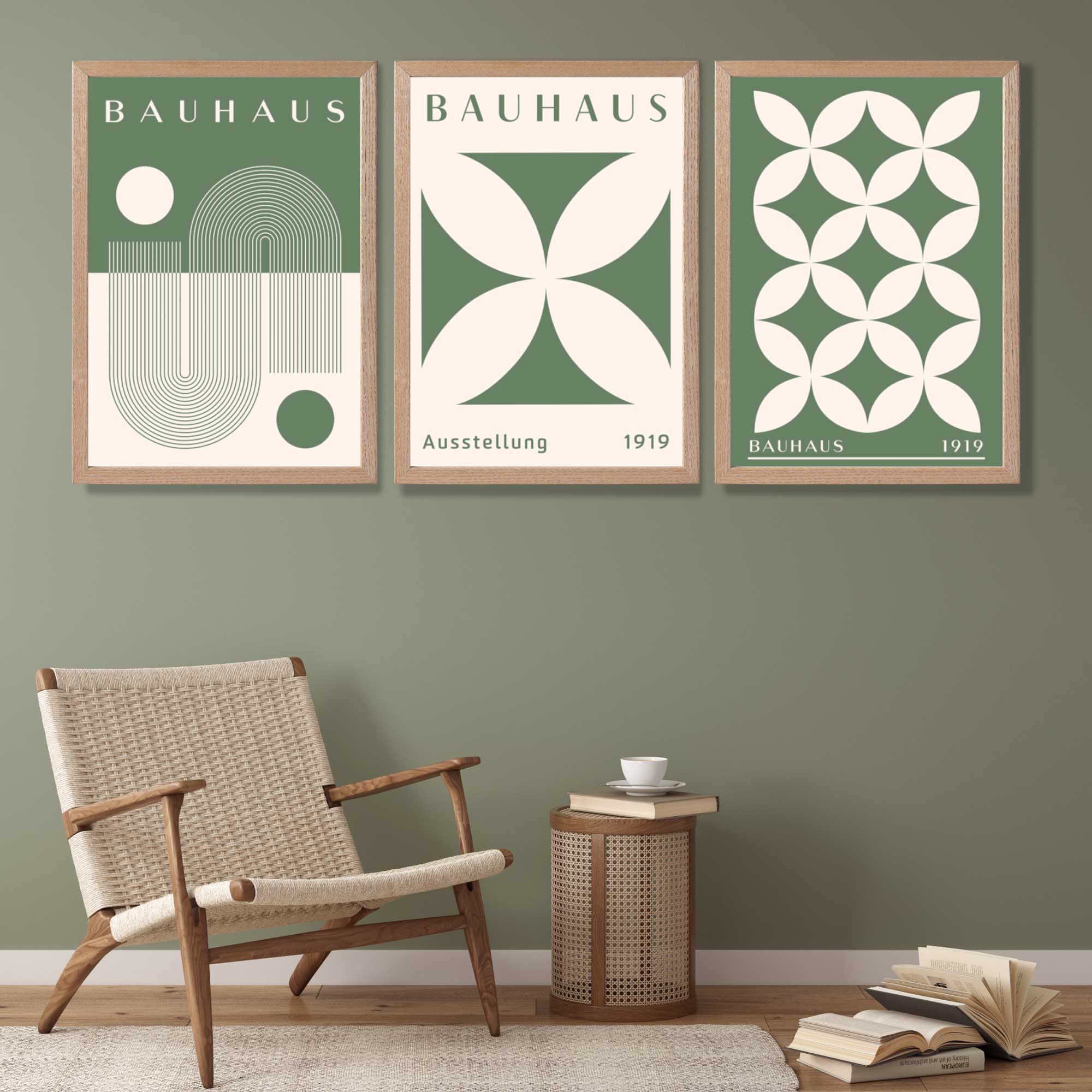 Bauhaus Green Modern Leaves Set of 3 Art Prints in Oak Frames | Artze UK