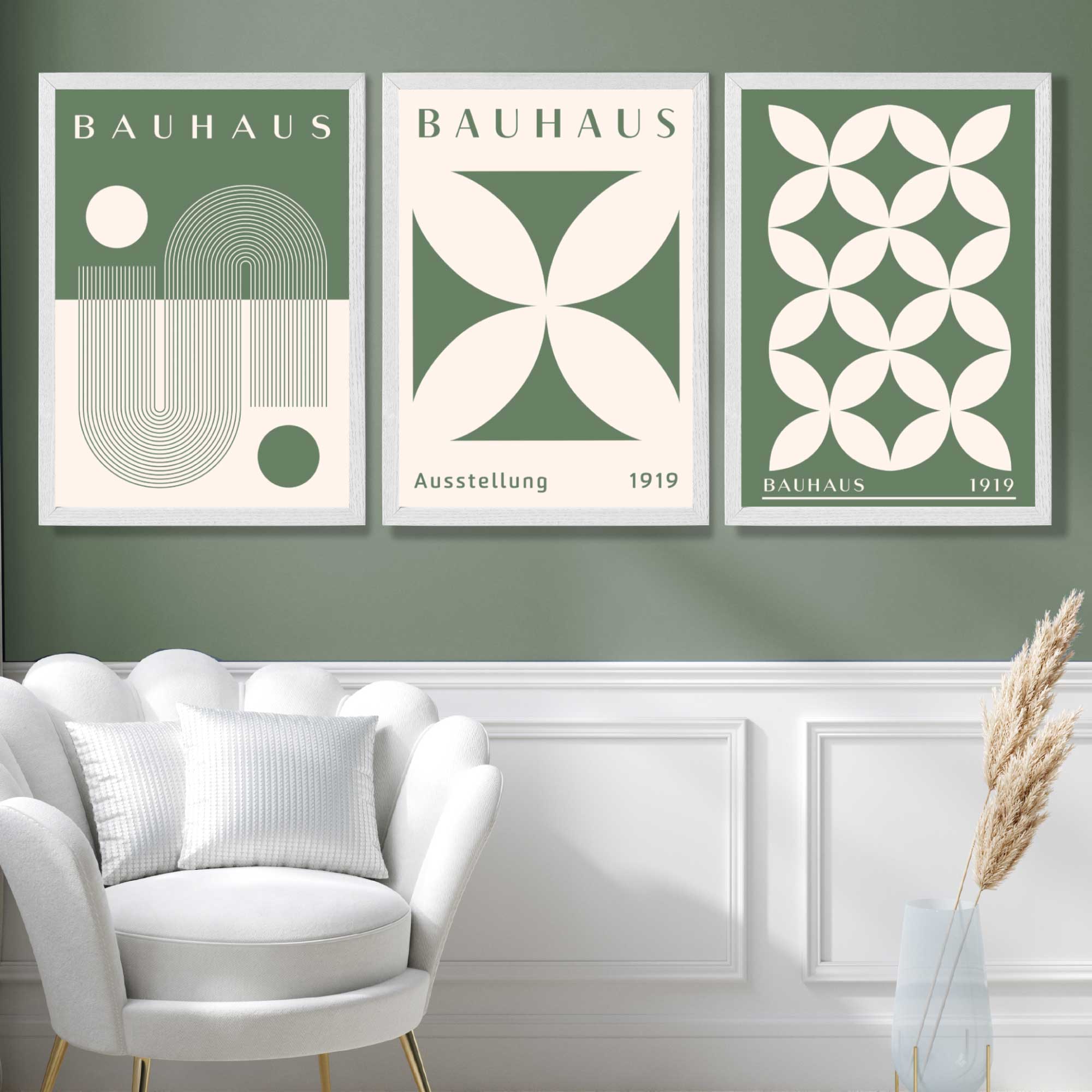 Bauhaus Green Modern Leaves Set of 3 Art Prints in White Frames | Artze UK