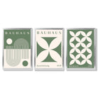 Bauhaus Green Modern Leaves Set of 3 Framed Art Prints with Silver Wood Frames