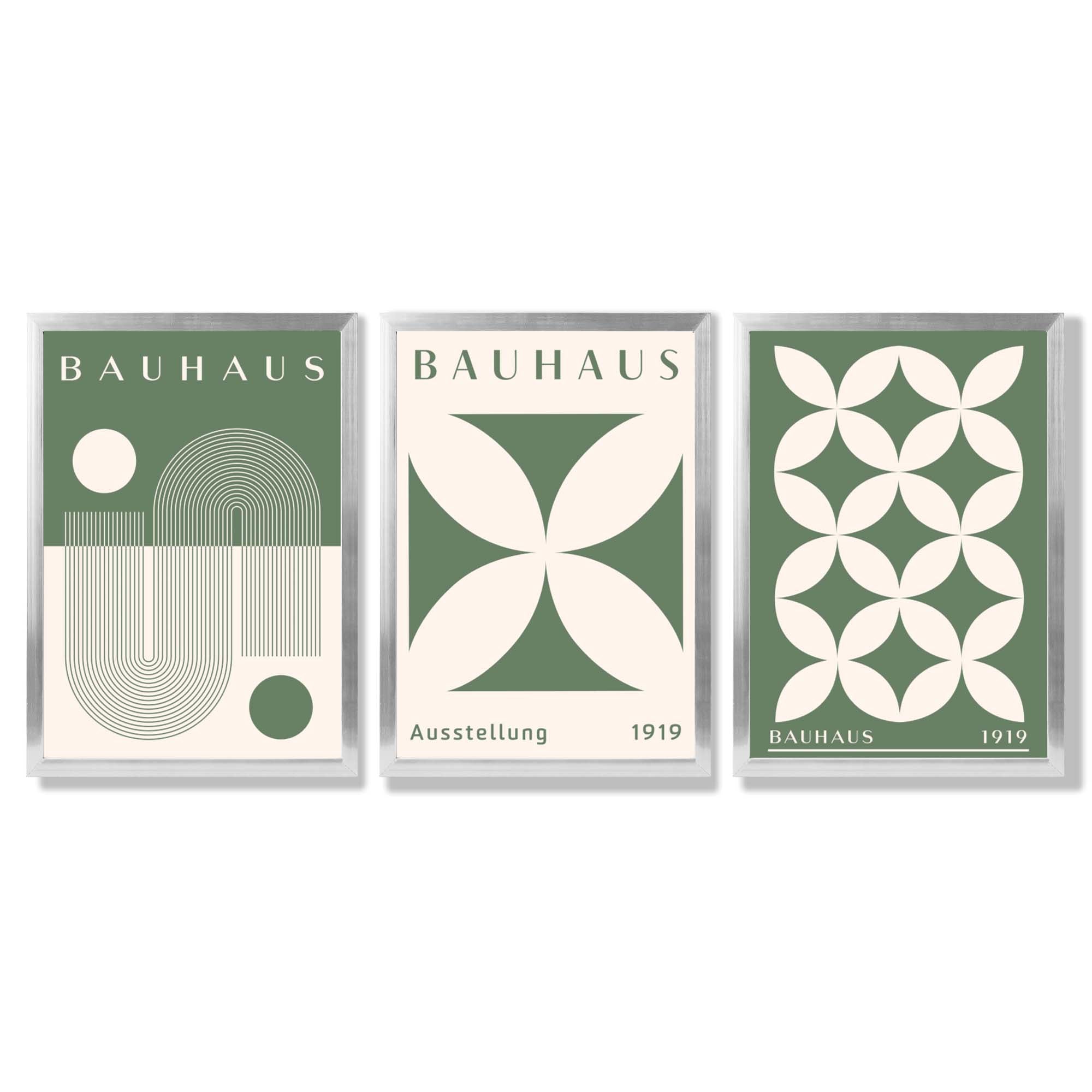 Bauhaus Green Modern Leaves Set of 3 Framed Art Prints with Silver Wood Frames