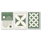 Bauhaus Green Modern Leaves Set of 3 Framed Art Prints with White Wooden Frames