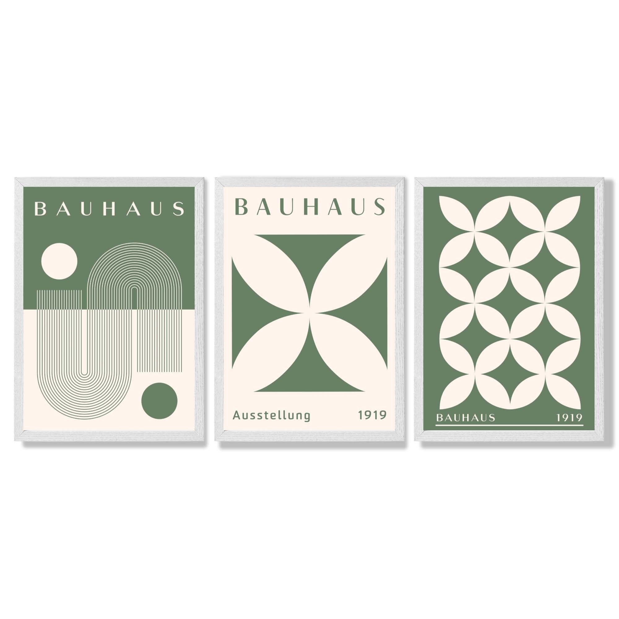 Bauhaus Green Modern Leaves Set of 3 Framed Art Prints with White Wooden Frames