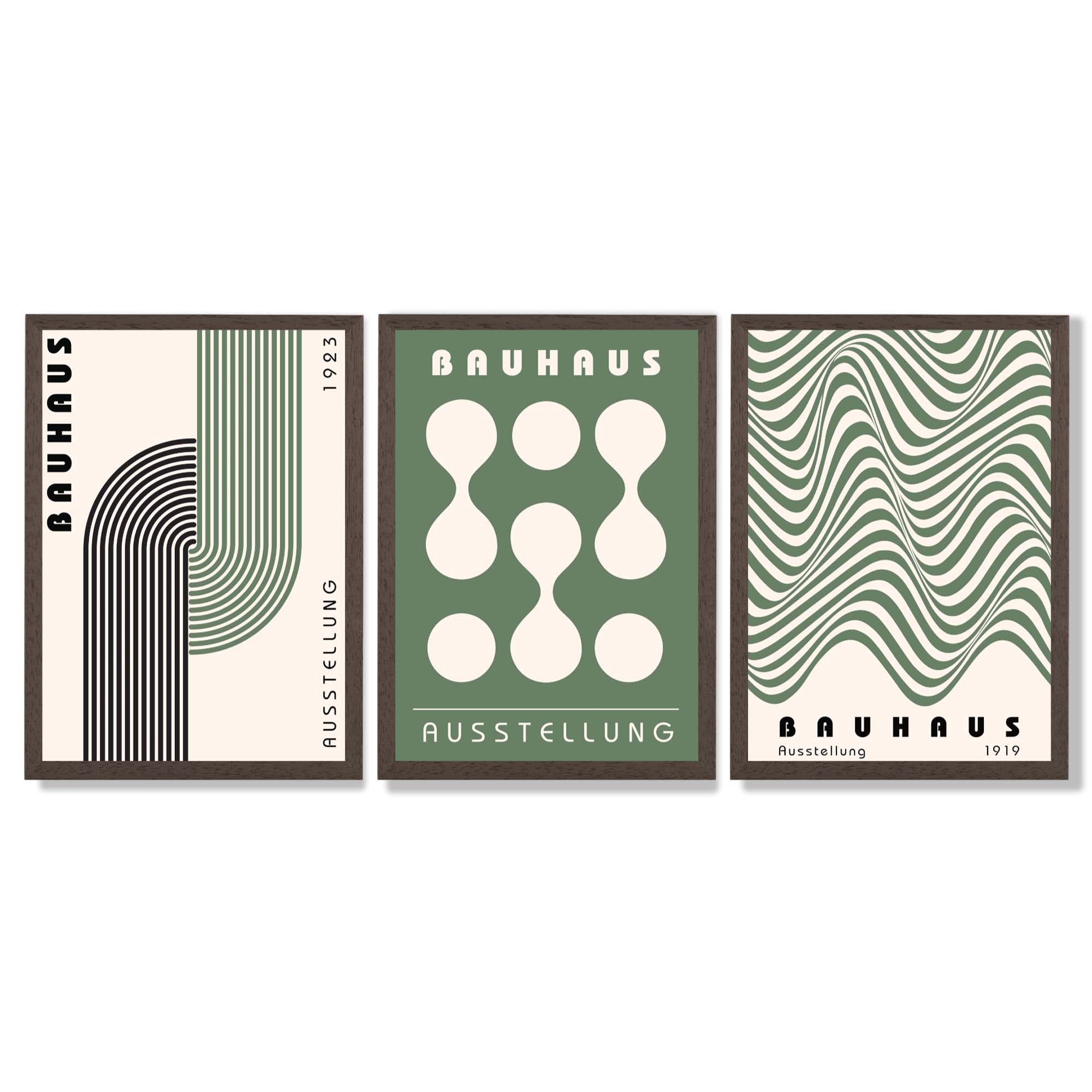Bauhaus Green Modern Set of 3 Framed Art Prints with Dark Wood Frames