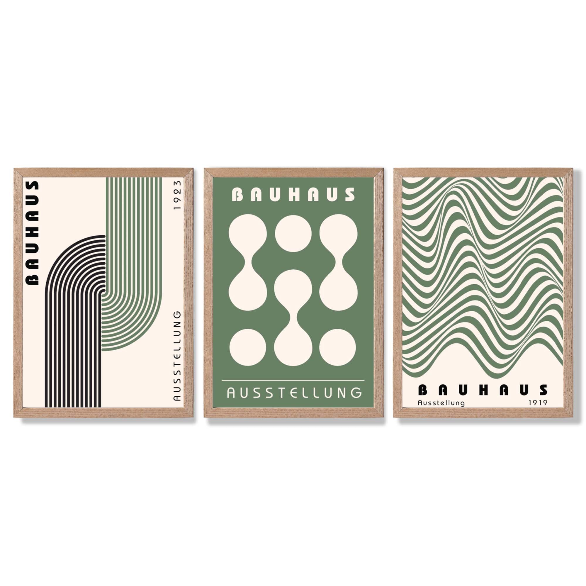 Bauhaus Green Modern Set of 3 Framed Art Prints with Light Oak Frames