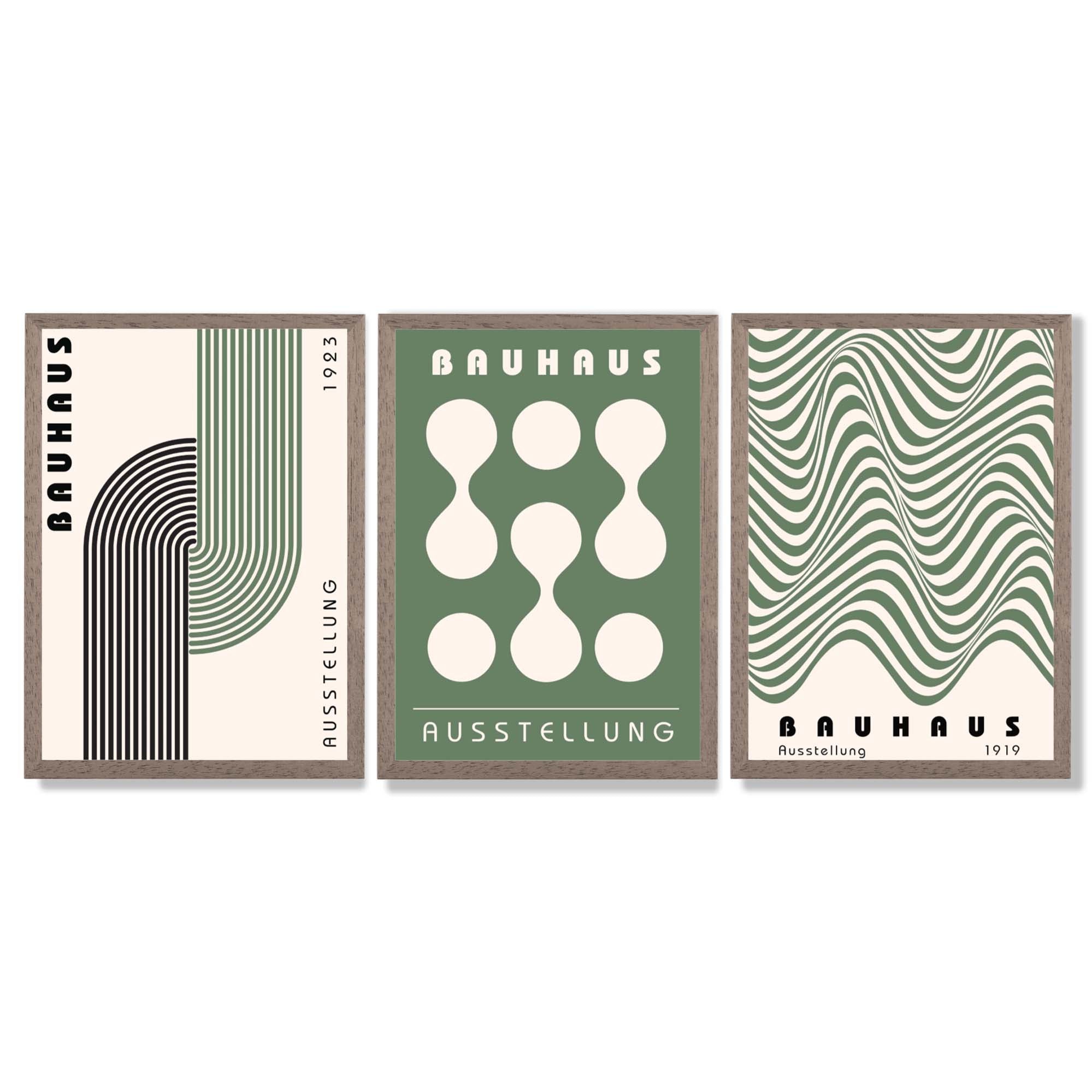 Bauhaus Green Modern Set of 3 Framed Art Prints with Light Walnut Frames