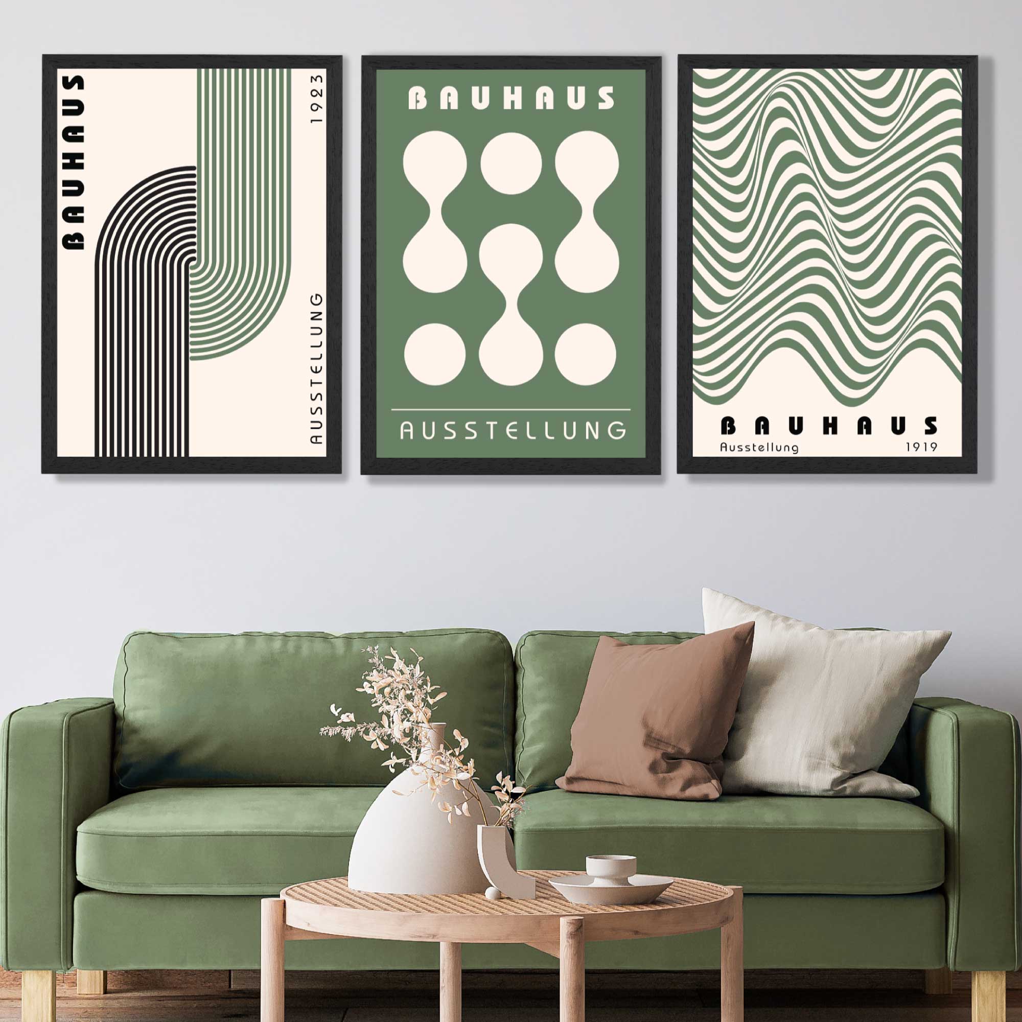 Bauhaus Green Modern Set of 3 Art Prints in Black Frames | Artze UK