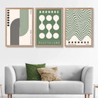 Bauhaus Green Modern Set of 3 Art Prints in Oak Frames | Artze UK