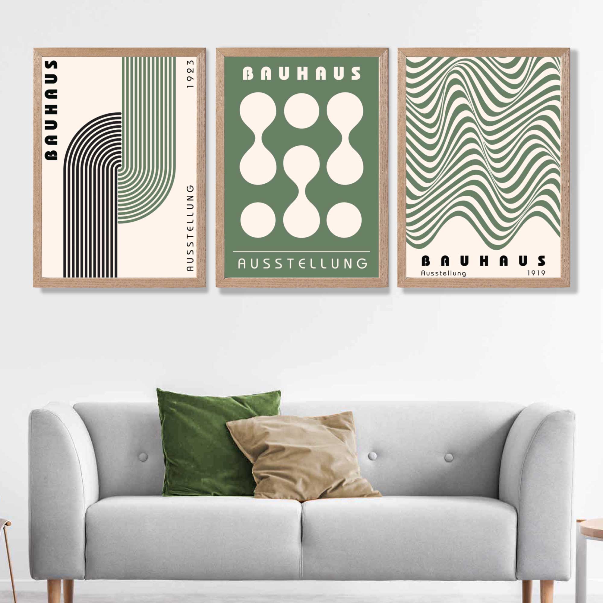 Bauhaus Green Modern Set of 3 Art Prints in Oak Frames | Artze UK