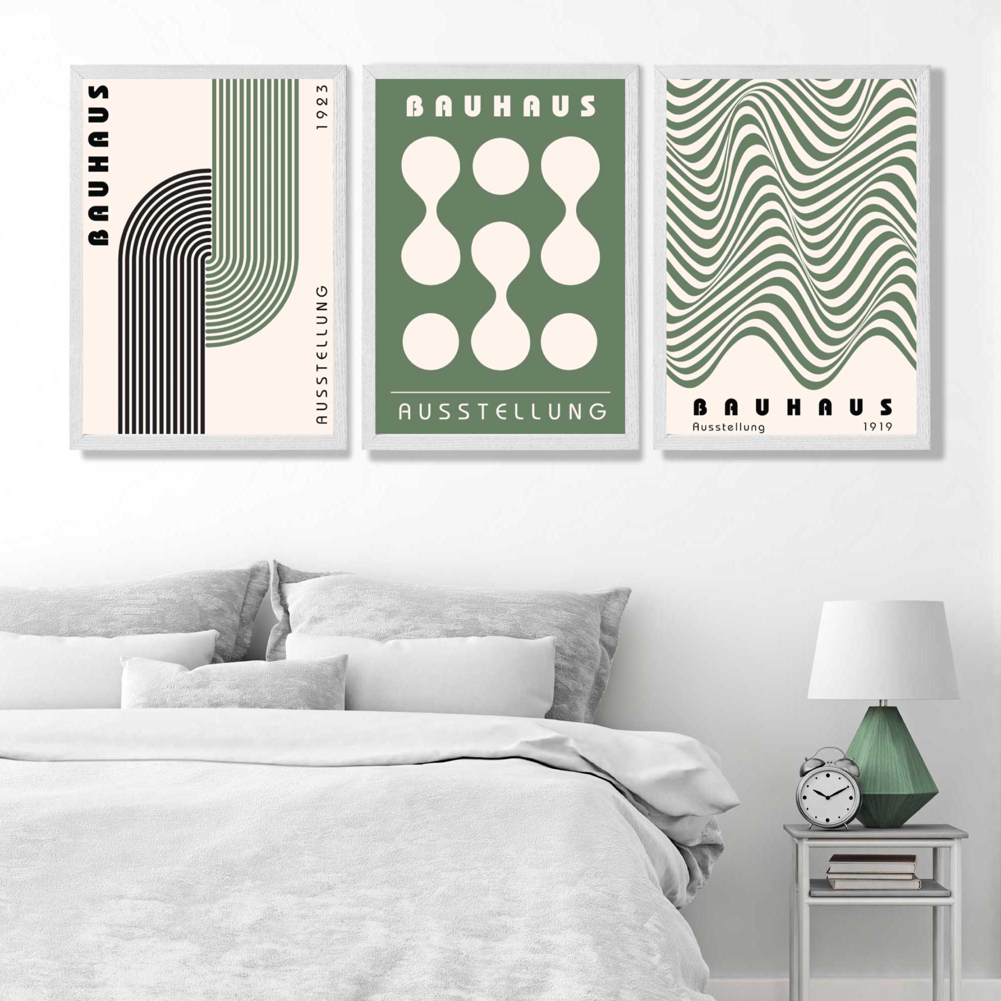 Bauhaus Green Modern Set of 3 Art Prints in White Frames | Artze UK