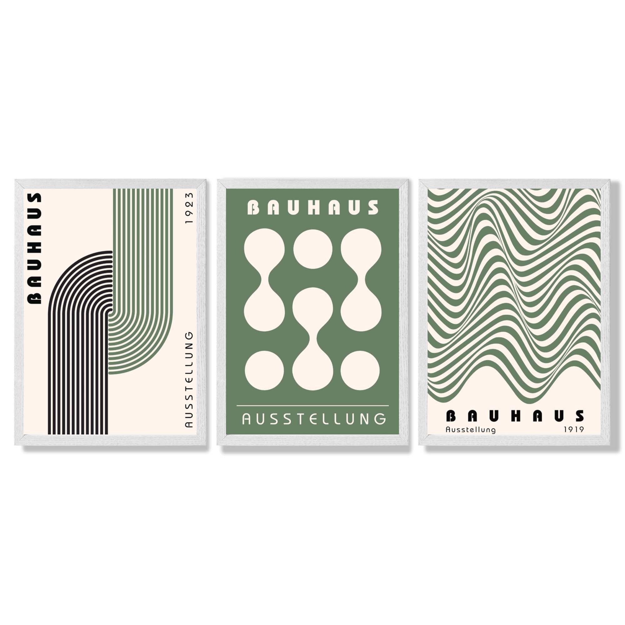 Bauhaus Green Modern Set of 3 Framed Art Prints with White Wooden Frames