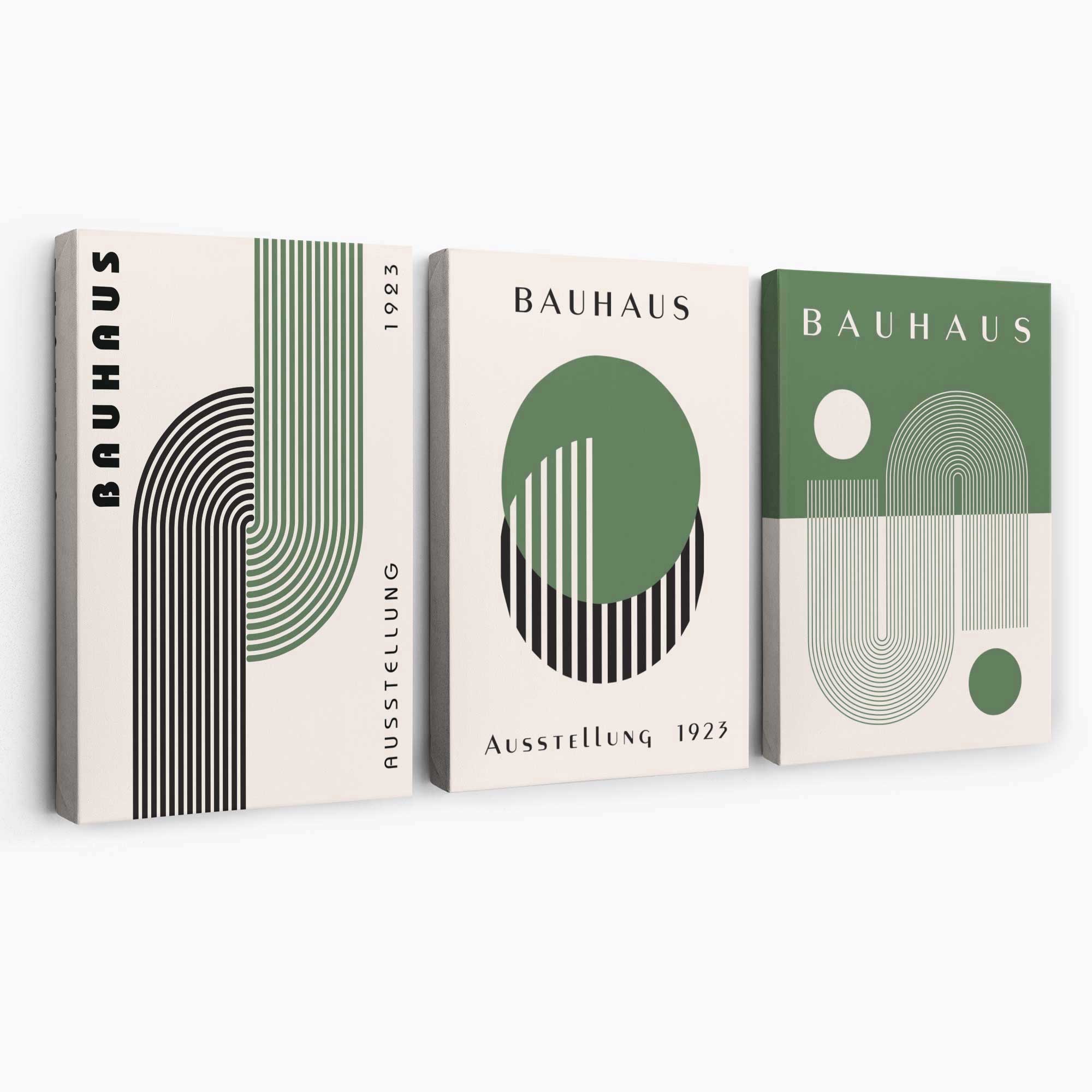 Bauhaus Green Geometric Set of 3 Canvas Art Prints | Artze Wall Art