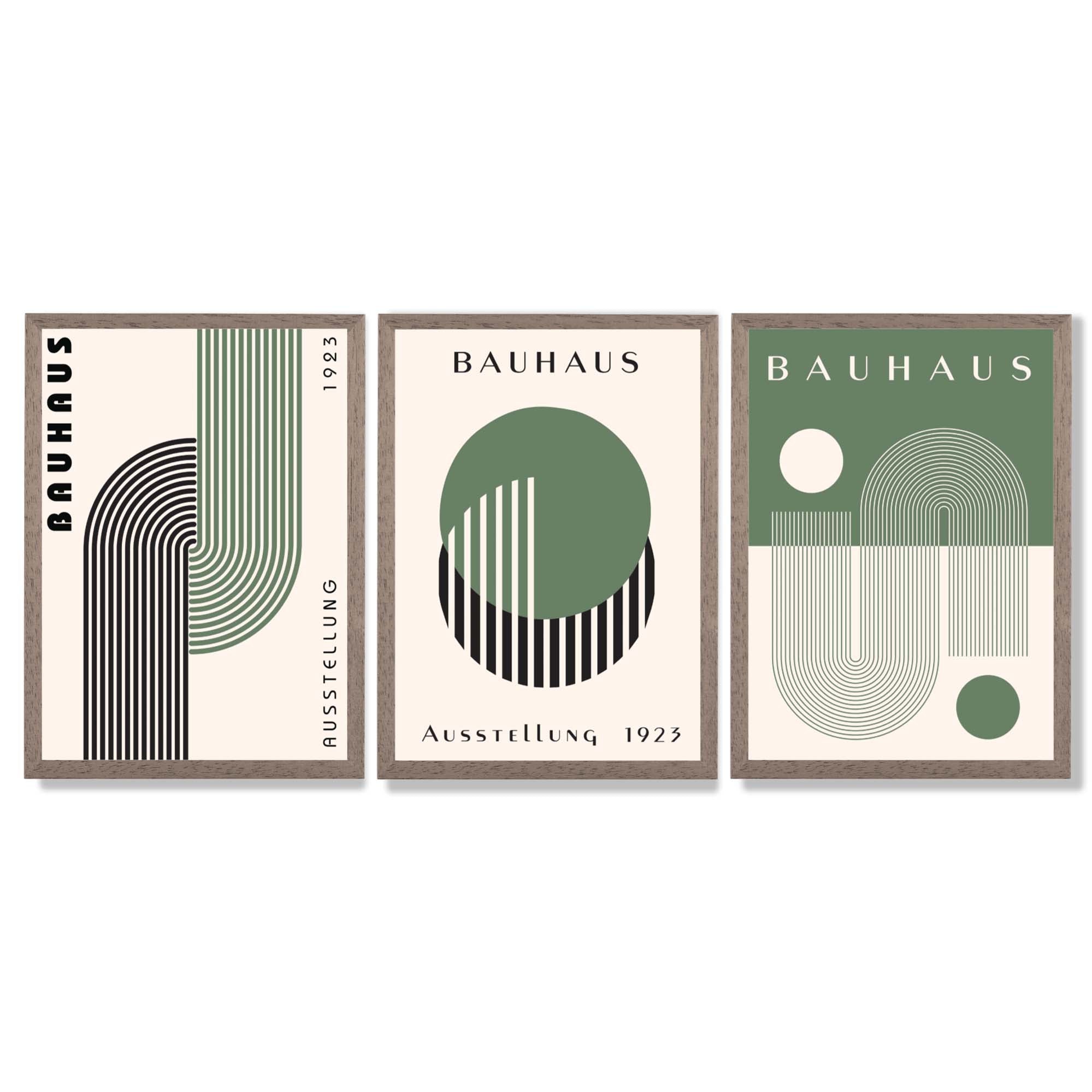 Bauhaus Green Geometric Set of 3 Framed Art Prints with Light Walnut Frames