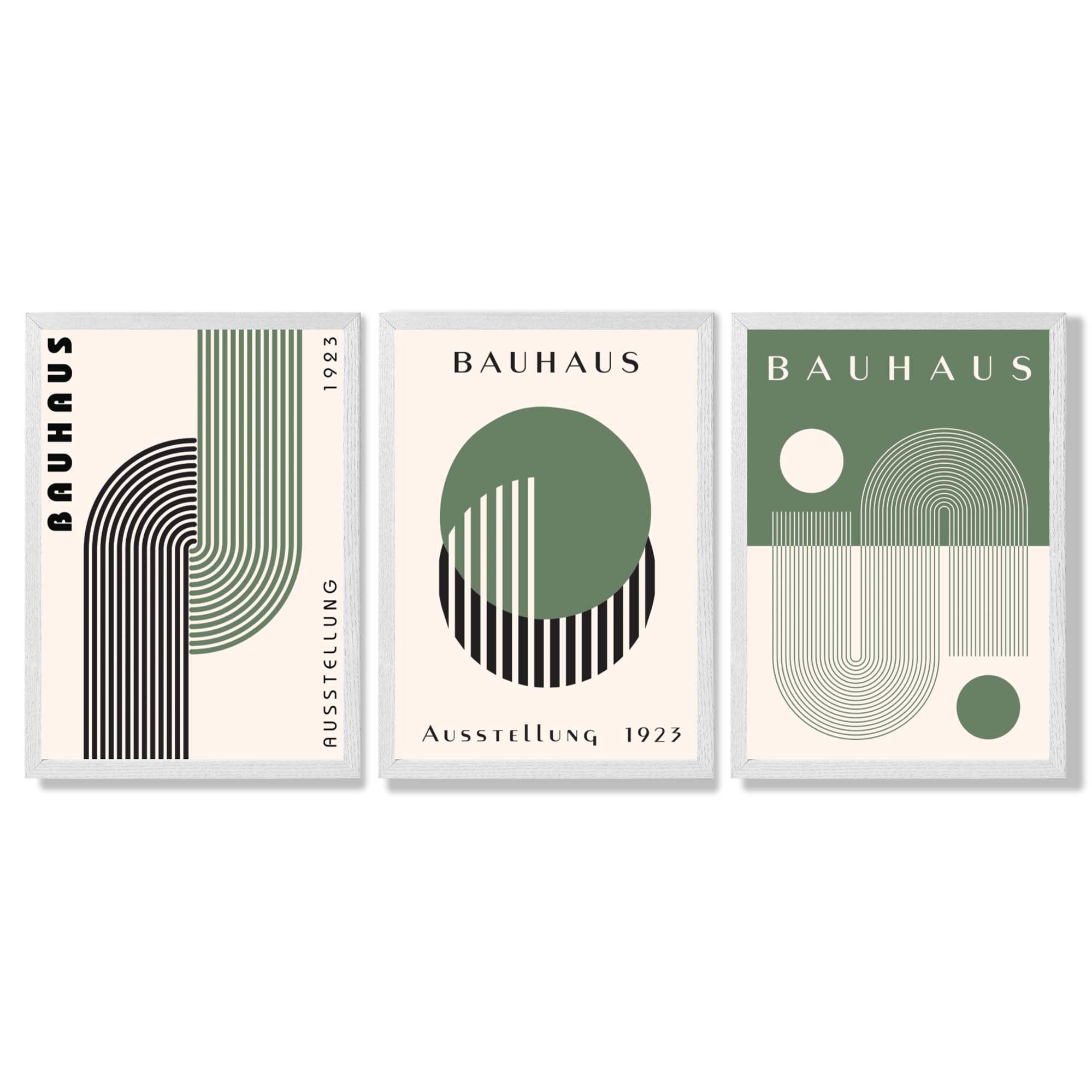 Bauhaus Green Geometric Set of 3 Framed Art Prints with White Wooden Frames