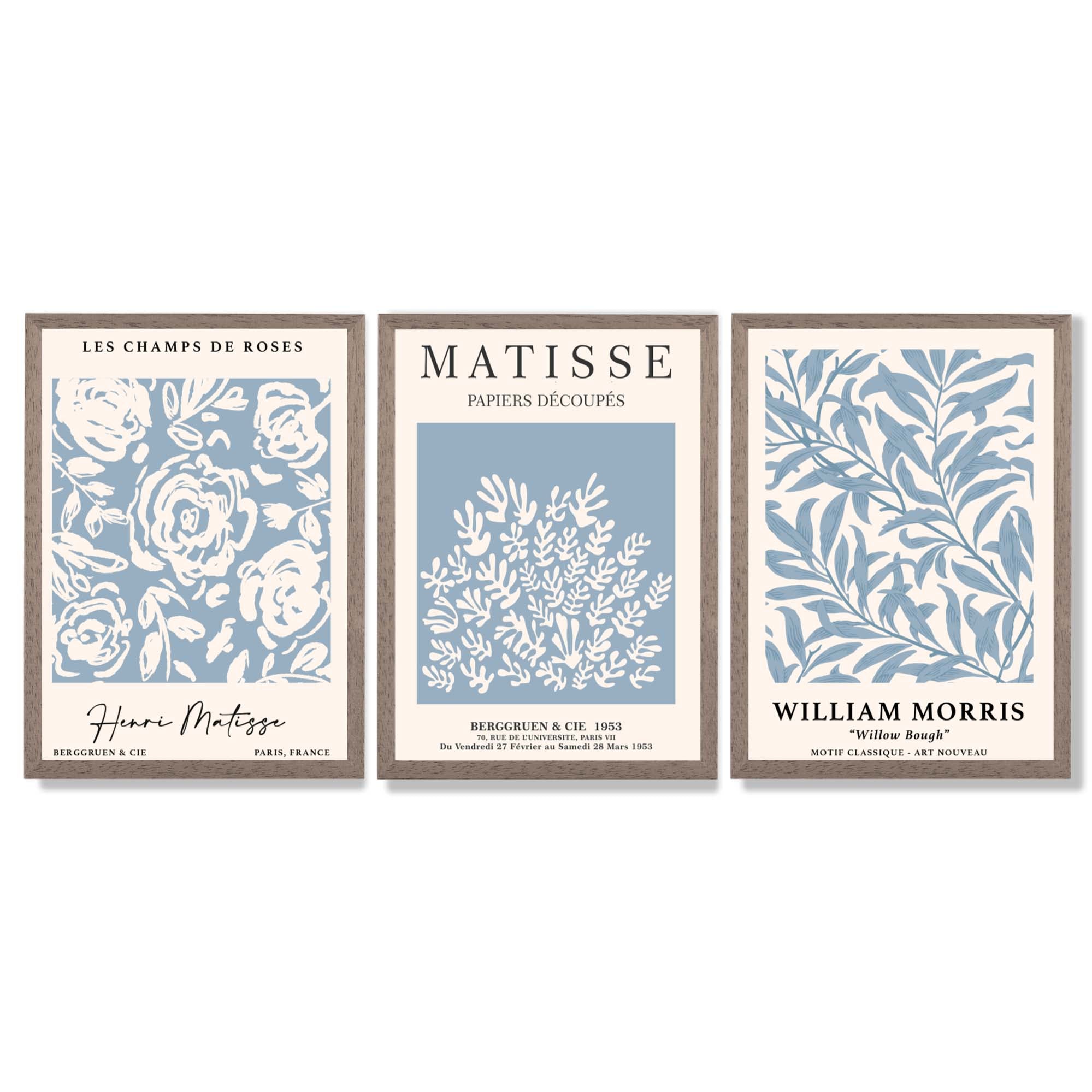Matisse and William Morris Light Blue Floral Set of 3 Framed Art Prints with Light Walnut Frames