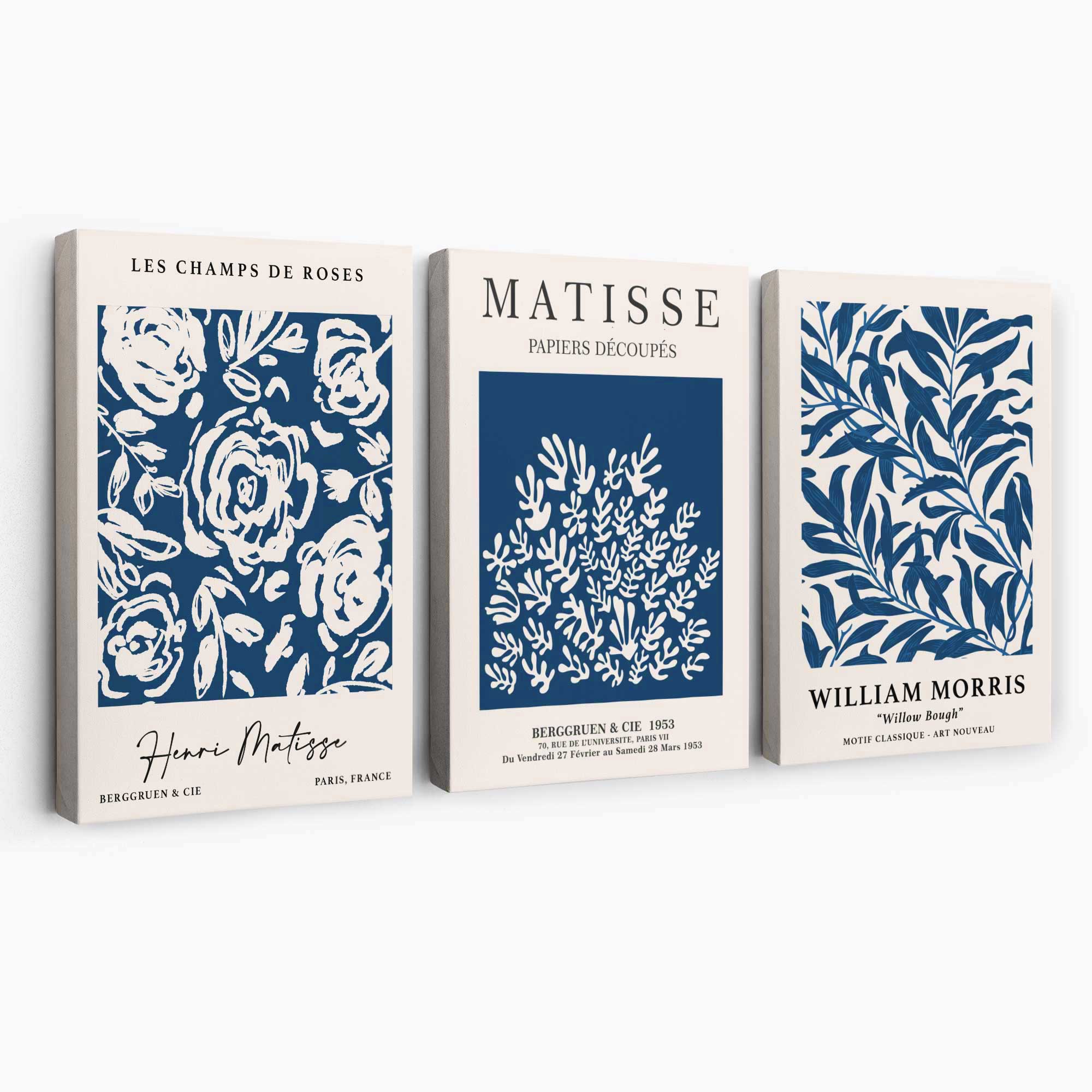 Matisse and William Morris Navy Blue Floral Set of 3 Canvas Art Prints | Artze Wall Art