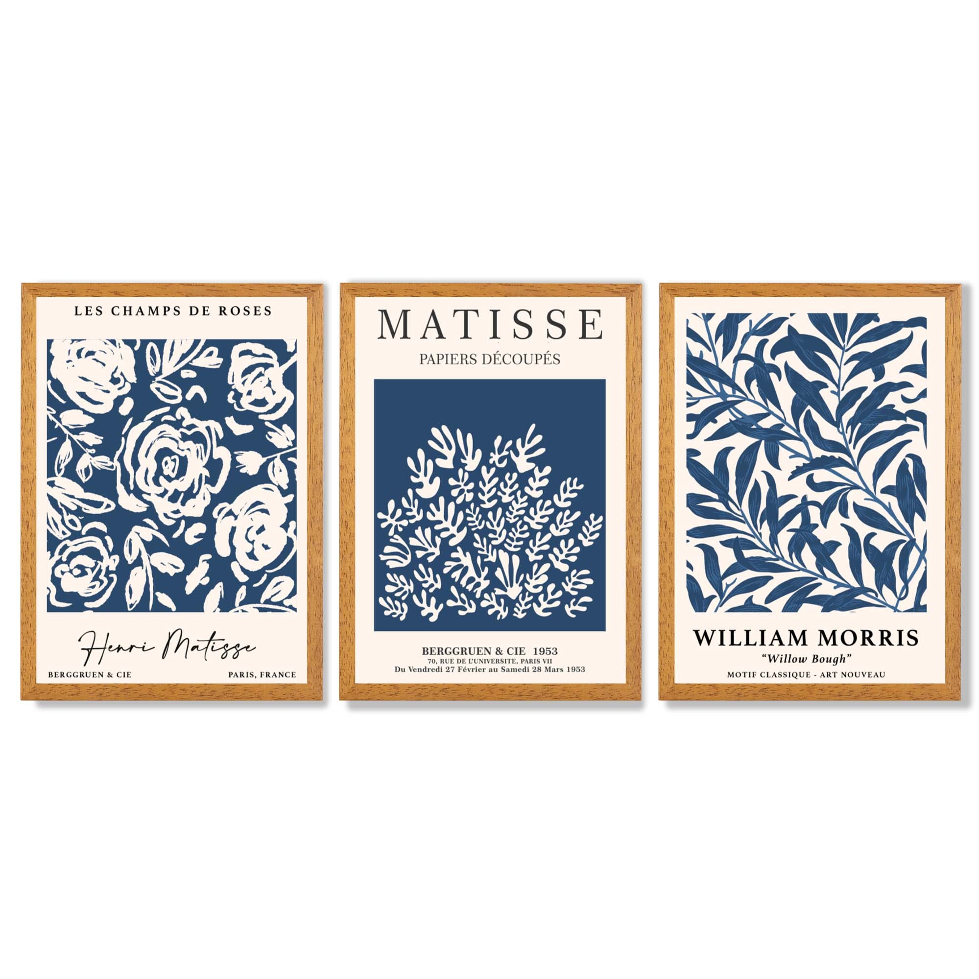 Matisse and William Morris Navy Blue Floral Set of 3 Framed Art Prints with Oak Wooden Frames