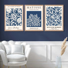 Matisse and William Morris Navy Blue Floral Set of 3 Art Prints in Oak Frames | Artze UK