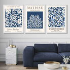 Matisse and William Morris Navy Blue Floral Set of 3 Art Prints in White Frames | Artze UK