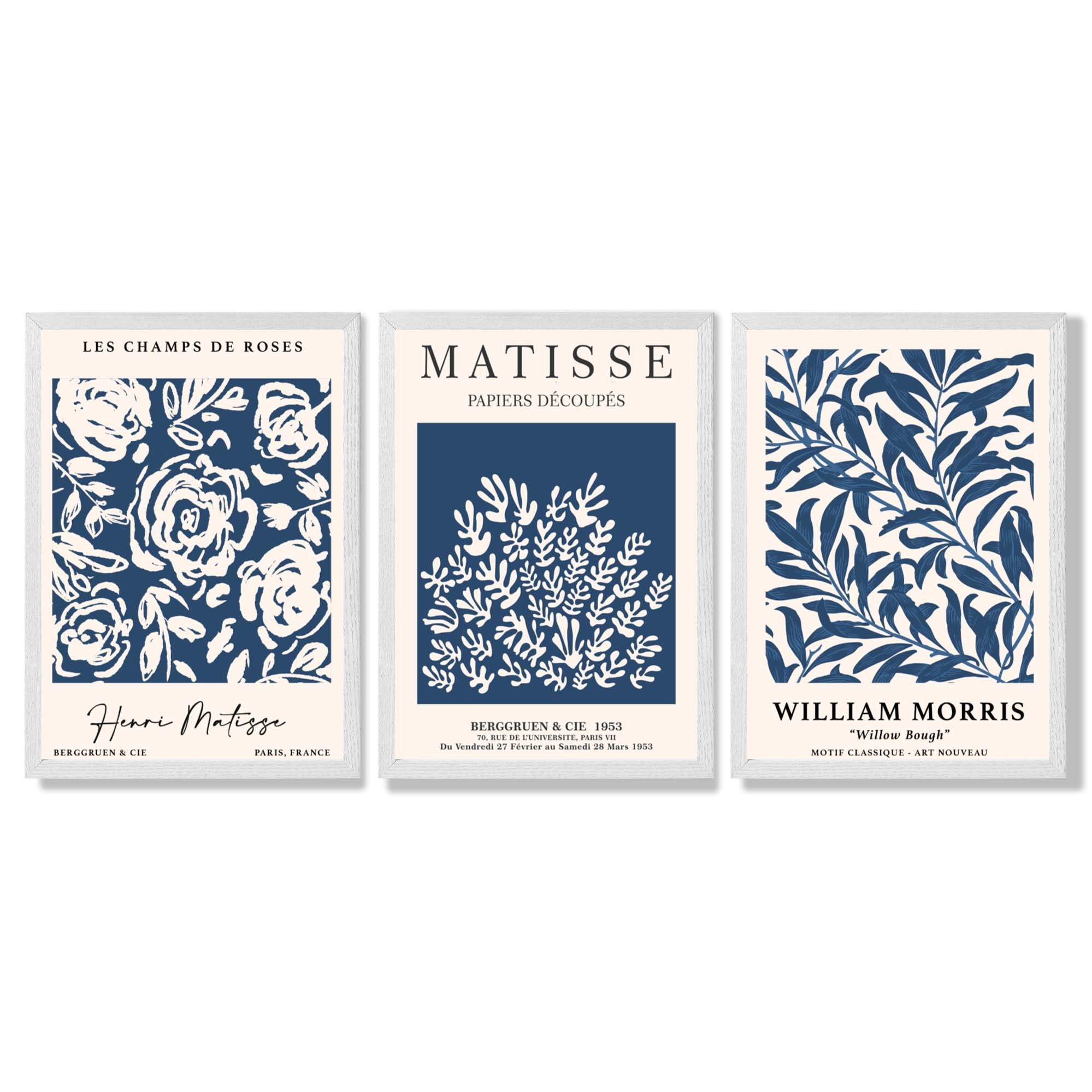Matisse and William Morris Navy Blue Floral Set of 3 Framed Art Prints with White Wooden Frames