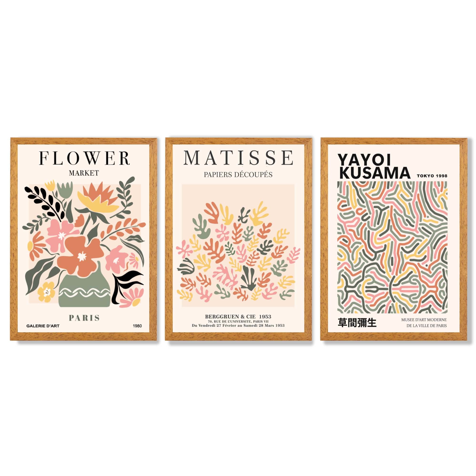 Matisse and Yayoi Kusama Flower Market Set of 3 Framed Art Prints with Oak Wooden Frames