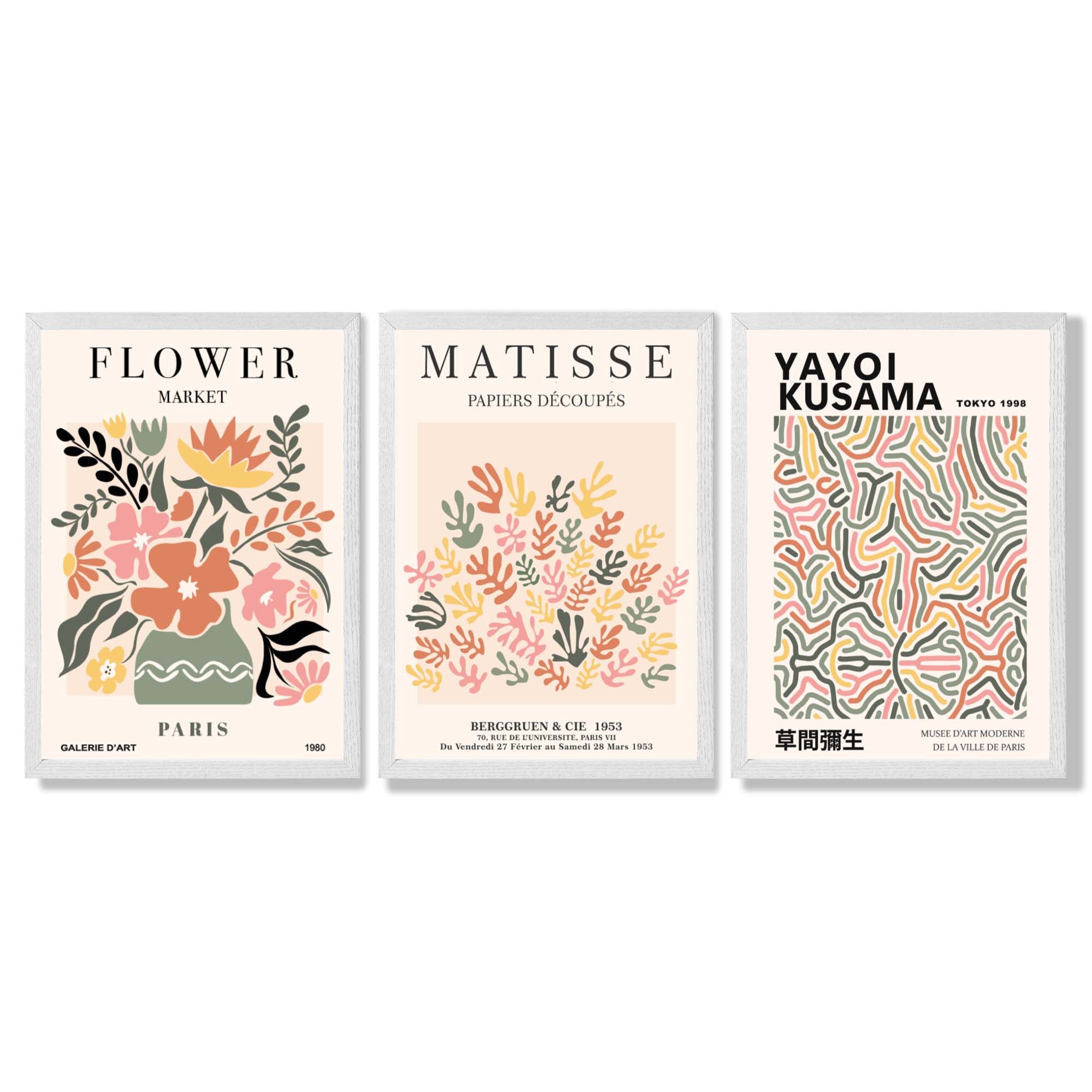 Matisse and Yayoi Kusama Flower Market Set of 3 Framed Art Prints with White Wooden Frames