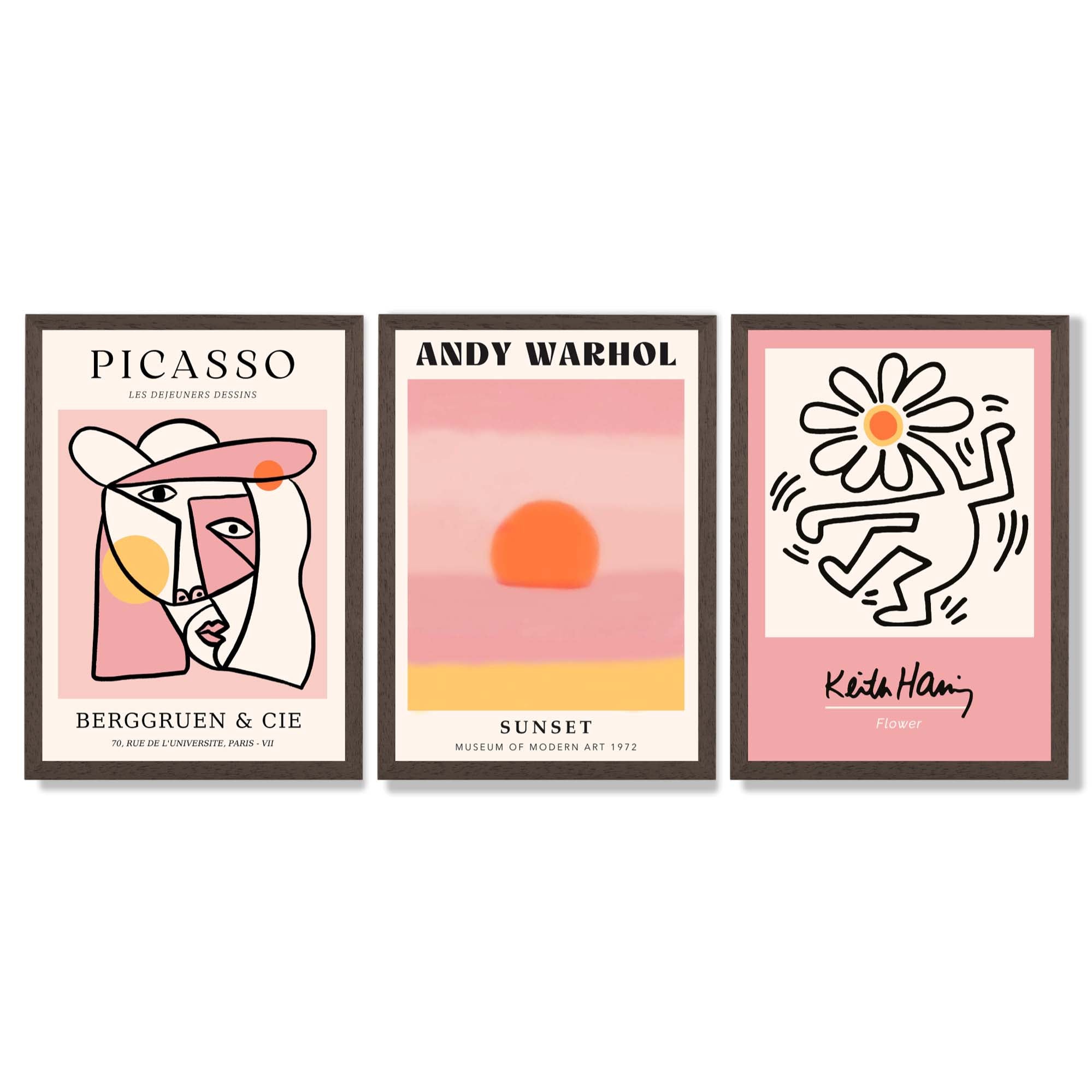 Set of 3 Abstract Picasso Warhol Haring Pink Framed Art Prints with Dark Wood Frames