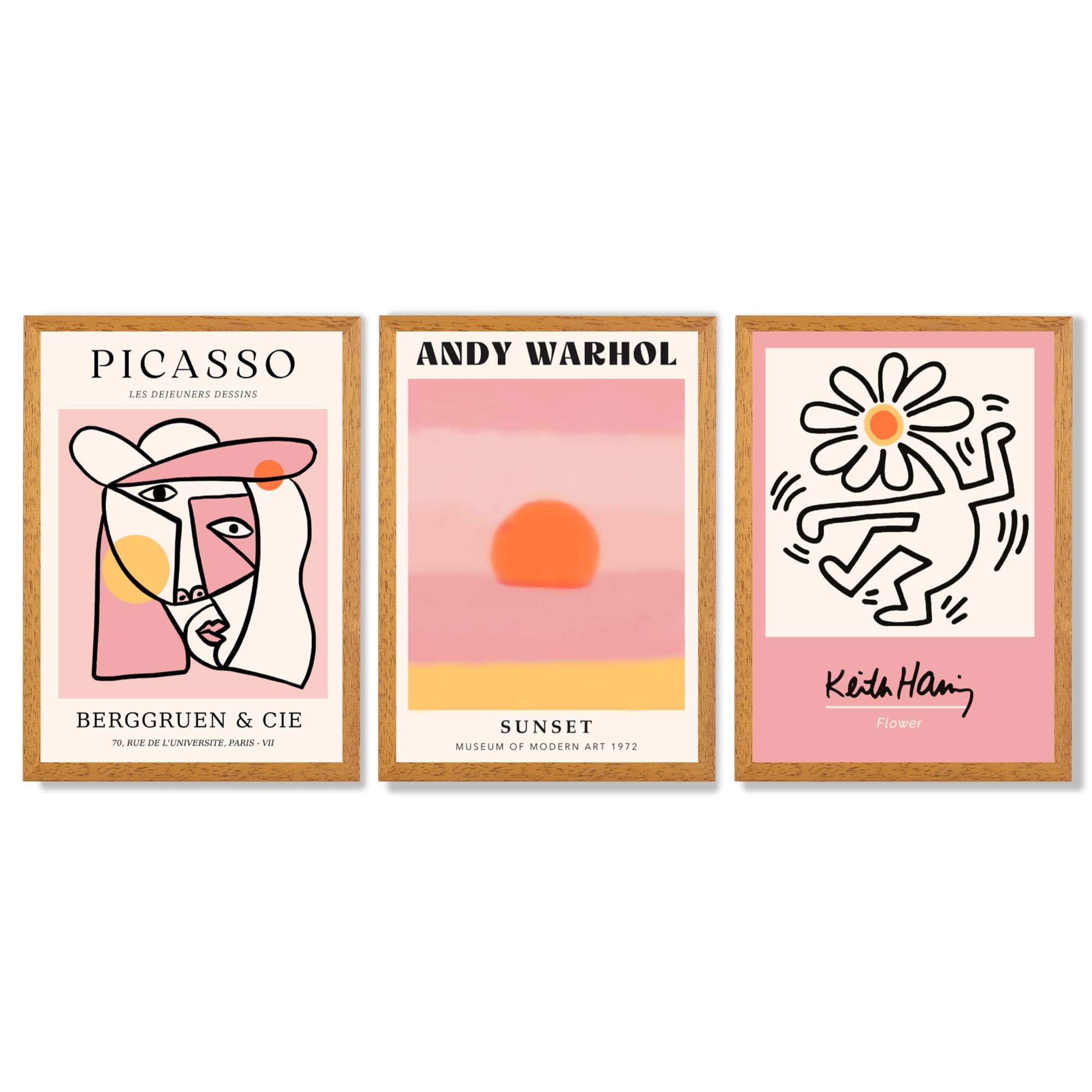 Set of 3 Abstract Picasso Warhol Haring Pink Framed Art Prints with Oak Wooden Frames