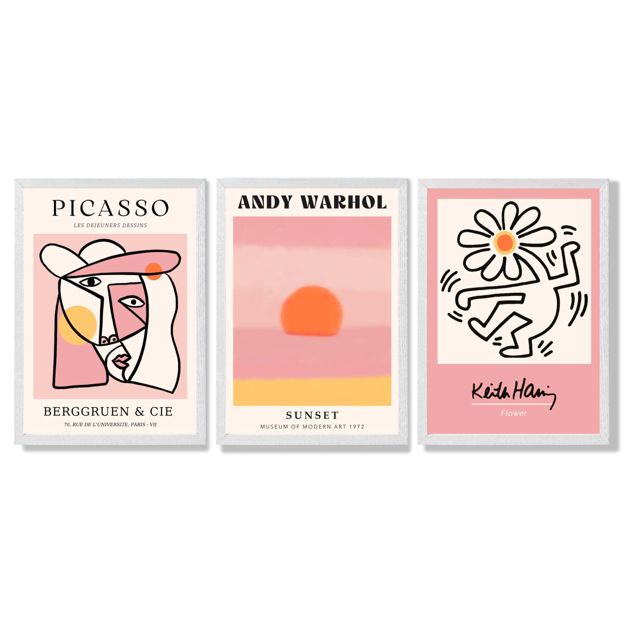 Set of 3 Abstract Picasso Warhol Haring Pink Framed Art Prints with White Wooden Frames