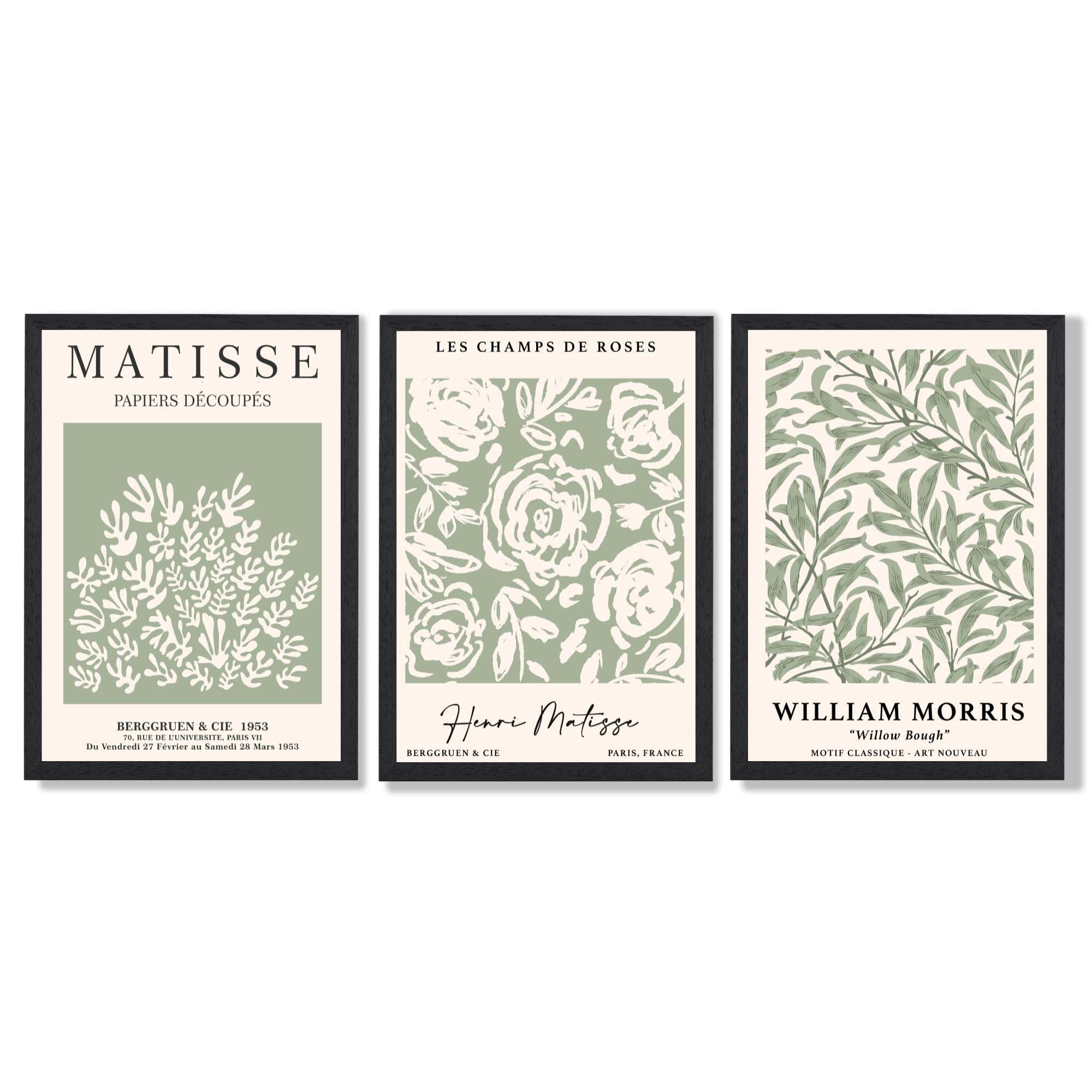 Set of 3 Matisse and William Morris Sage Green Floral Framed Art Prints with Black Wooden Frames