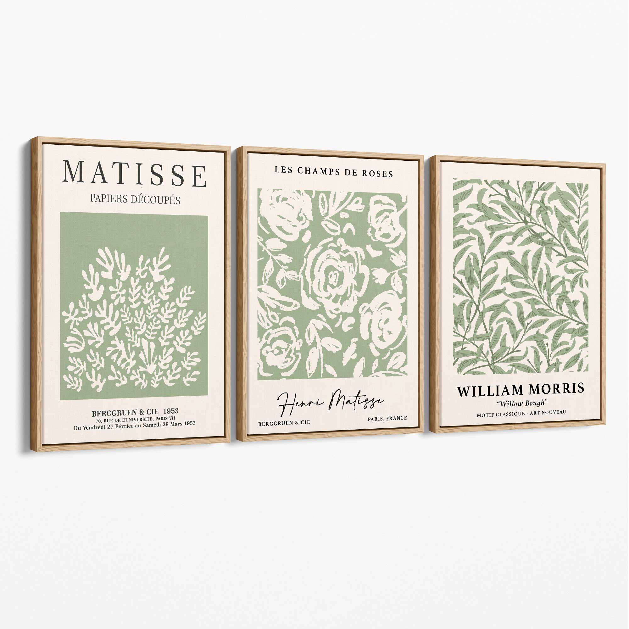 Set of 3 Matisse and William Morris Sage Green Floral Canvas Art Prints with Oak Float Frame