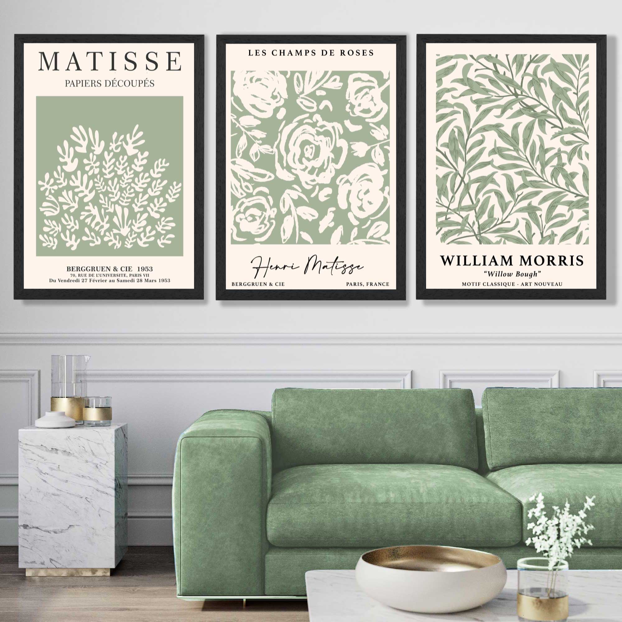 Set of 3 Matisse and William Morris Sage Green Floral Art Prints in Black Frames | Artze UK