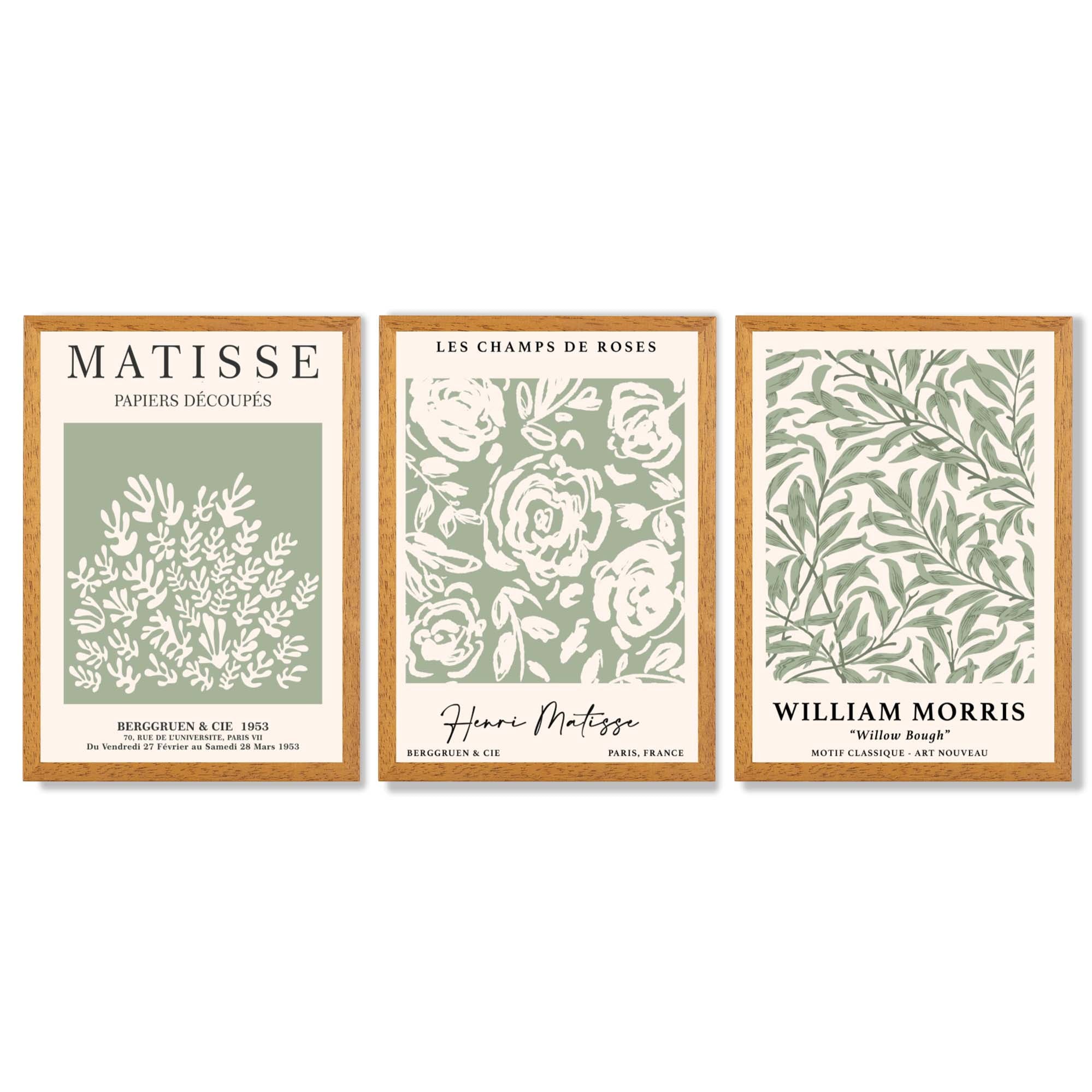 Set of 3 Matisse and William Morris Sage Green Floral Framed Art Prints with Oak Wooden Frames