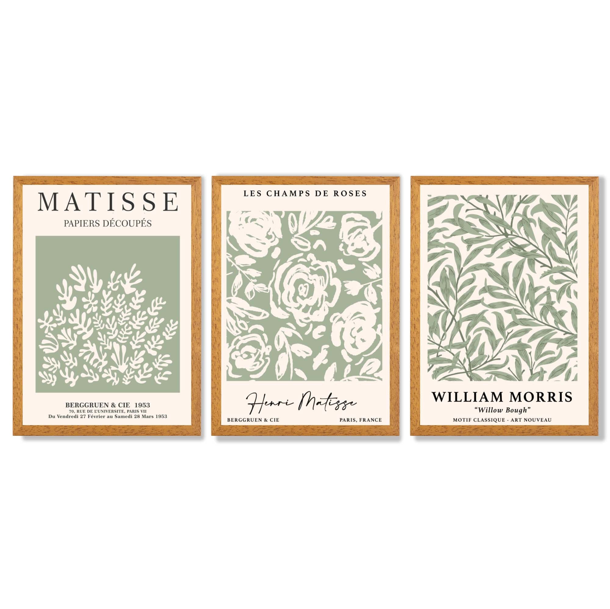 Set of 3 Matisse and William Morris Sage Green Floral Framed Art Prints with Oak Wooden Frames